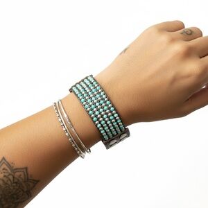 Turquoise Bead Multi-Row Leather Snap Bracelet